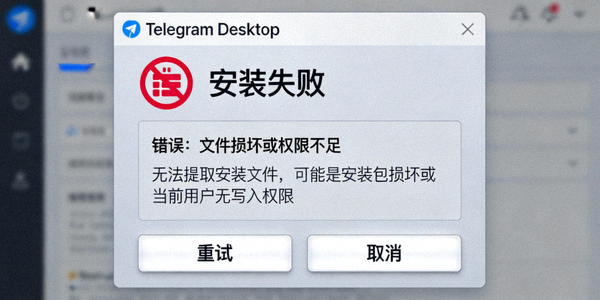 Telegram电脑版安装错误提示界面截图，展示文件损坏或权限不足的典型报错信息
