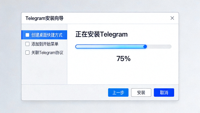 Telegram电脑版安装向导界面截图，显示安装进度和选项