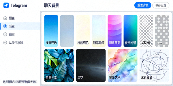 Telegram电脑版聊天背景设置页面，展示多种背景图案选择