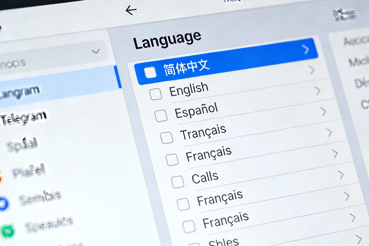 Telegram电脑版设置菜单中语言选择页面截图，高亮显示简体中文选项