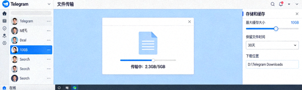 Telegram电脑客户端中文版进行大文件传输与查看存储设置的界面