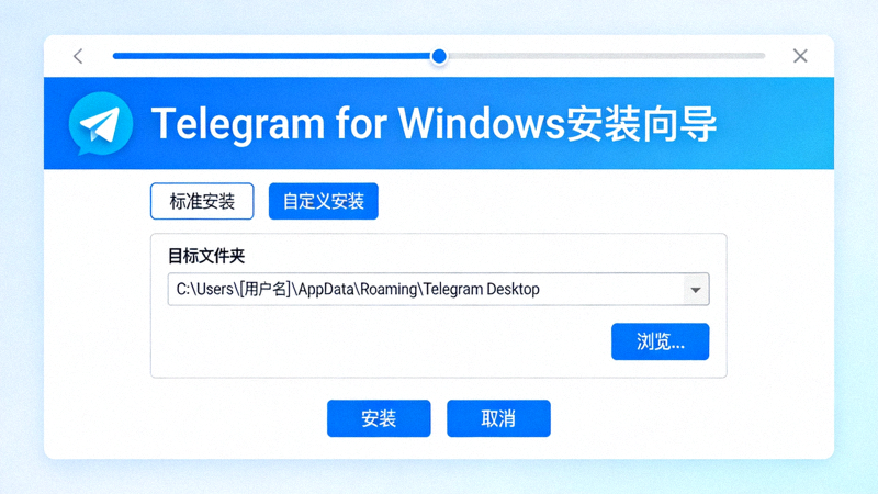Telegram for Windows安装向导界面截图，显示安装选项和路径选择