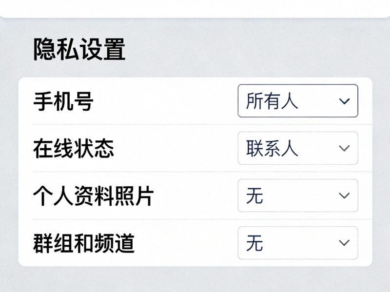Telegram中文电脑版隐私设置详细页面，展示各项可见性规则的下拉选项