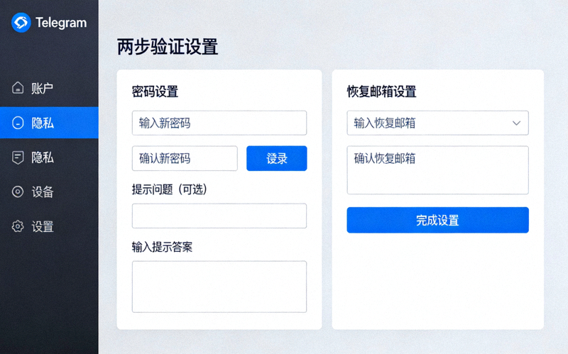 Telegram中文电脑版两步验证设置界面，展示密码输入和恢复邮箱设置区域