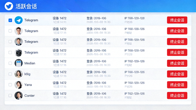 Telegram中文电脑版活跃会话管理页面，展示多个已登录设备列表和终止会话按钮