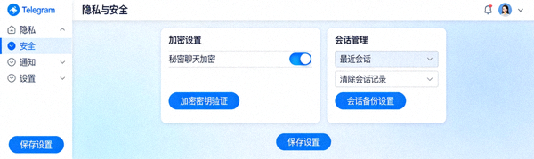 Telegram中文电脑版隐私与安全设置页面，展示加密和会话管理选项