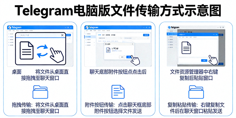 展示Telegram电脑版多种文件传输方式：拖拽、附件按钮、复制粘贴的示意图
