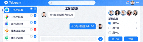 Telegram电脑版聊天列表和活跃聊天窗口的界面展示